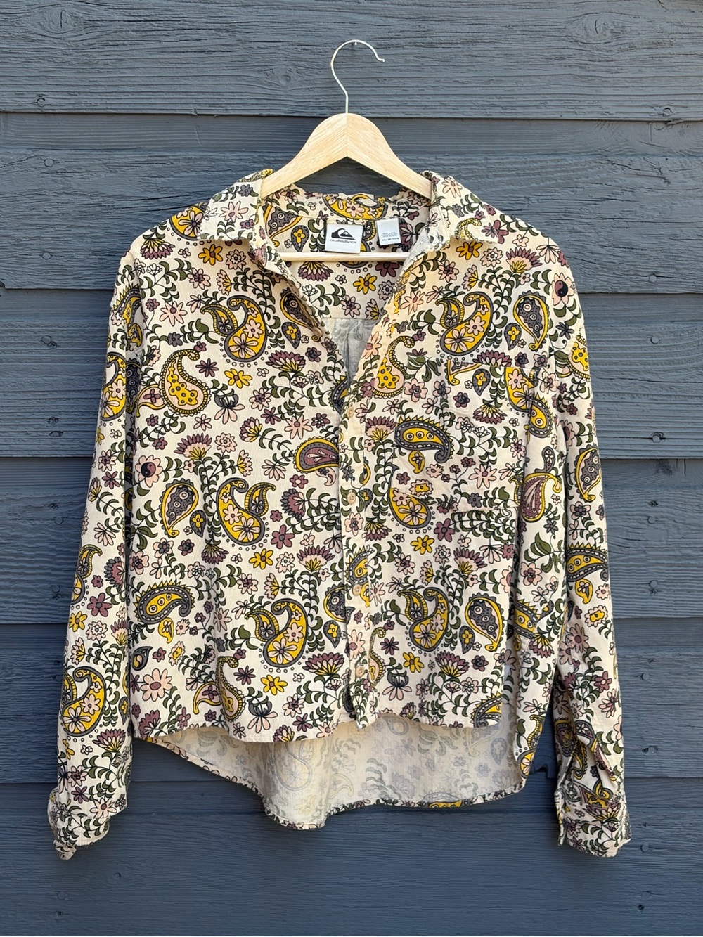 Quiksilver Corduroy Paisley Peace Print Boyfriend Button Down 100% Cotton XS - Picture 1 of 8